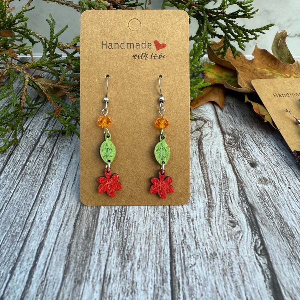 Earth Art Handcrafted Red and Green Fall Leaf Earrings - Picture 1 of 2
